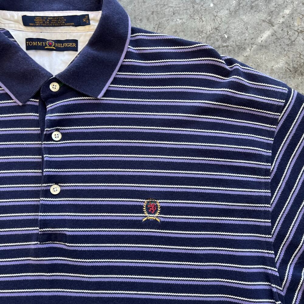 Tommy Hilfiger Vintage 90s Crest Polo Shirt Mens XL Navy Purple Stripe Cotton - Picture 2 of 7